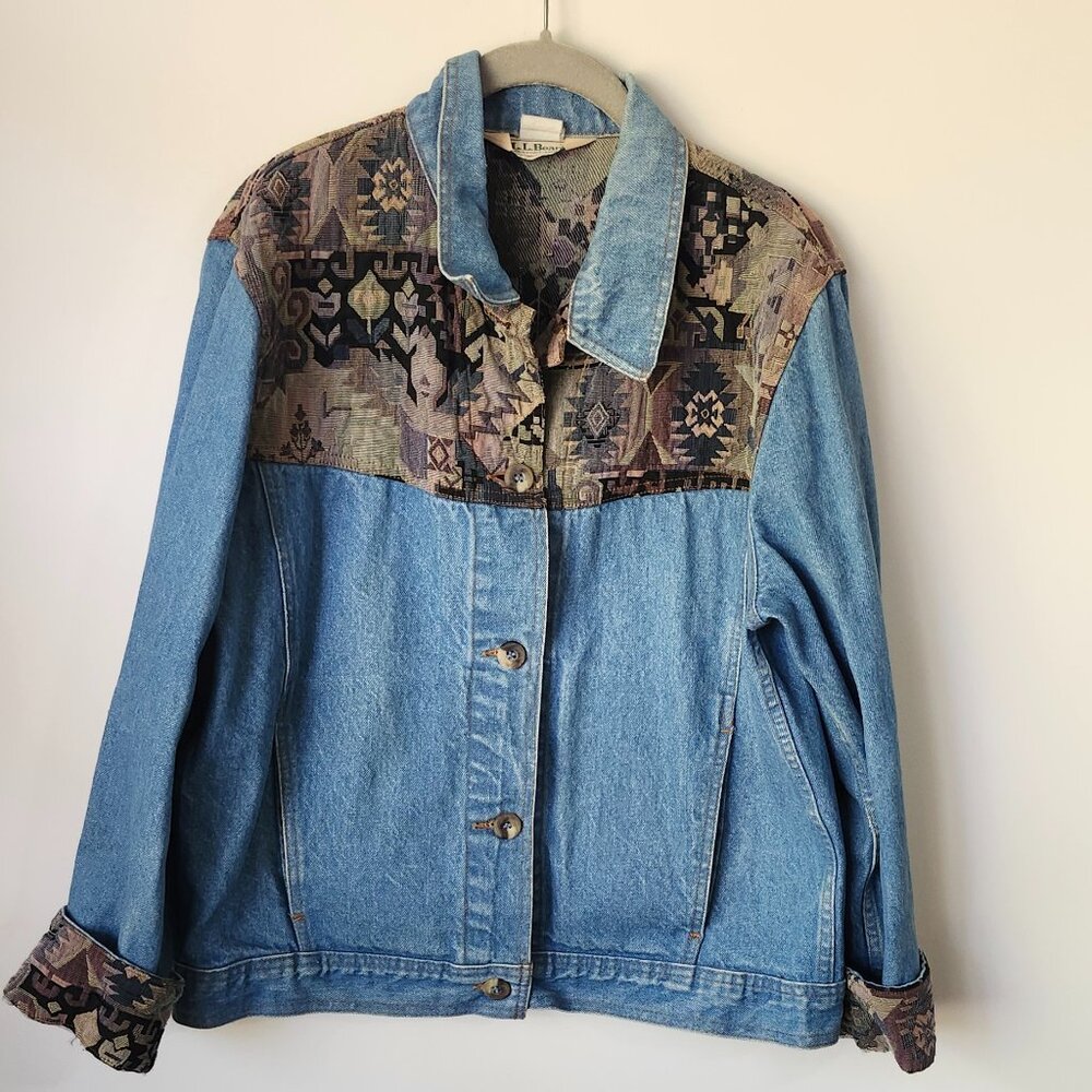 L.L. Bean Women’s Vintage Denim Jacket Southwestern Tapestry Trim Size M